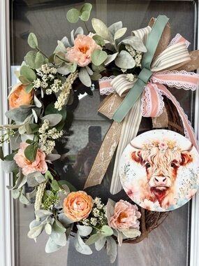 Peach Floral Spring Wreath with Cow Art